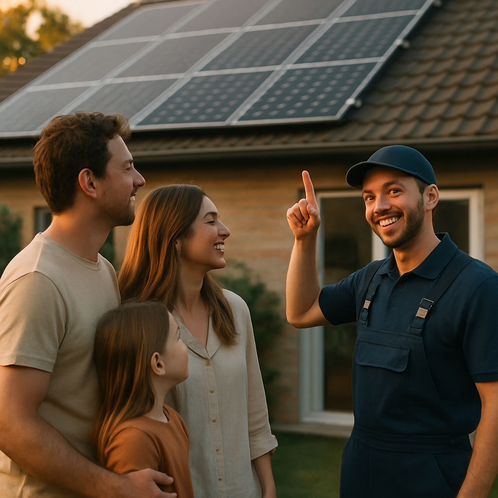 Cec Accredited Installers Brisbane - A family (parents and a child) stands in their backyard, admiring their newly installed solar panels. The installer, wearing a clean uniform, smiles and points up at the panels, explaining something to them. The sun is shining, and the overall feeling is one of satisfaction and security. The panels are generic without brand identification.