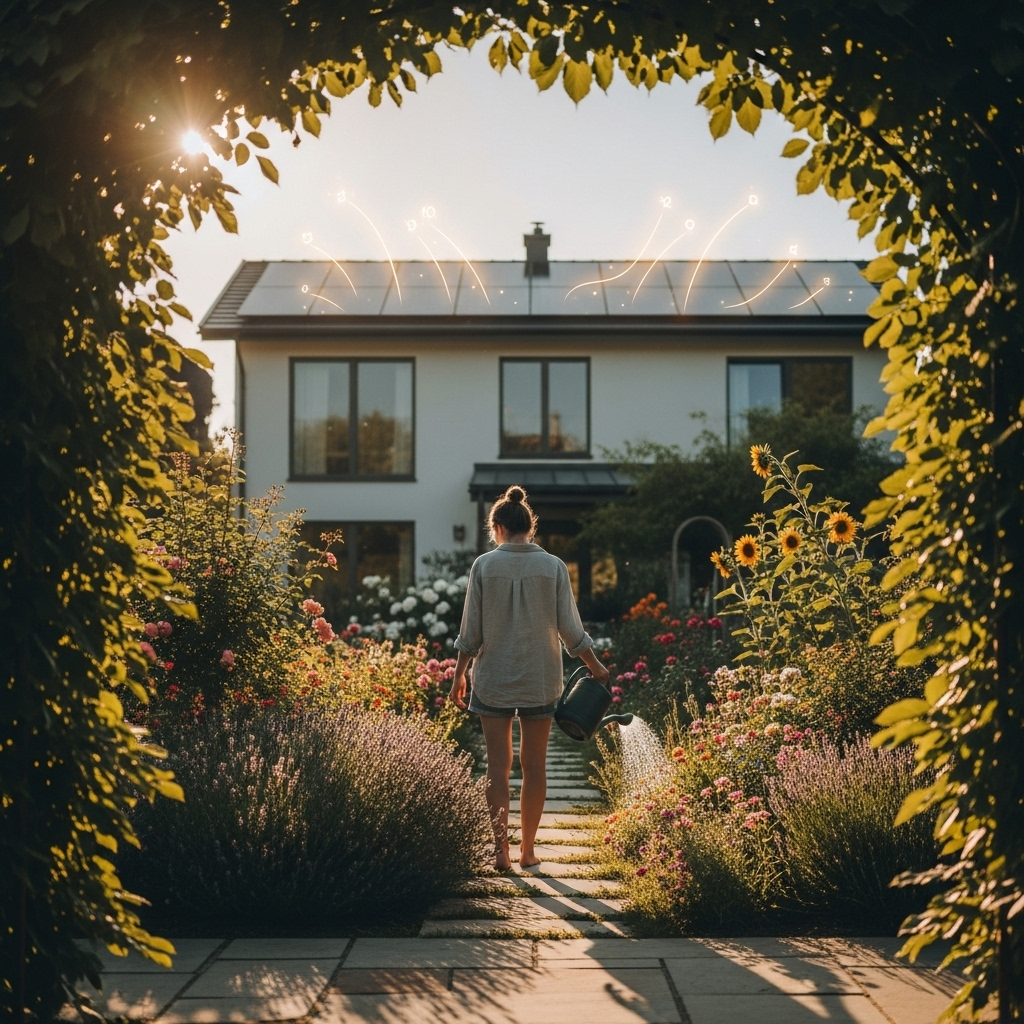 Enphase Battery Cost Brisbane - A woman is watering plants in her sun-drenched garden. In the background, her house is visible with solar panels on the roof. A subtle visual cue, such as a small, stylized animation (no text) rising from the house, suggests energy flowing from the panels to power the home, representing self-sufficiency and control over energy usage.