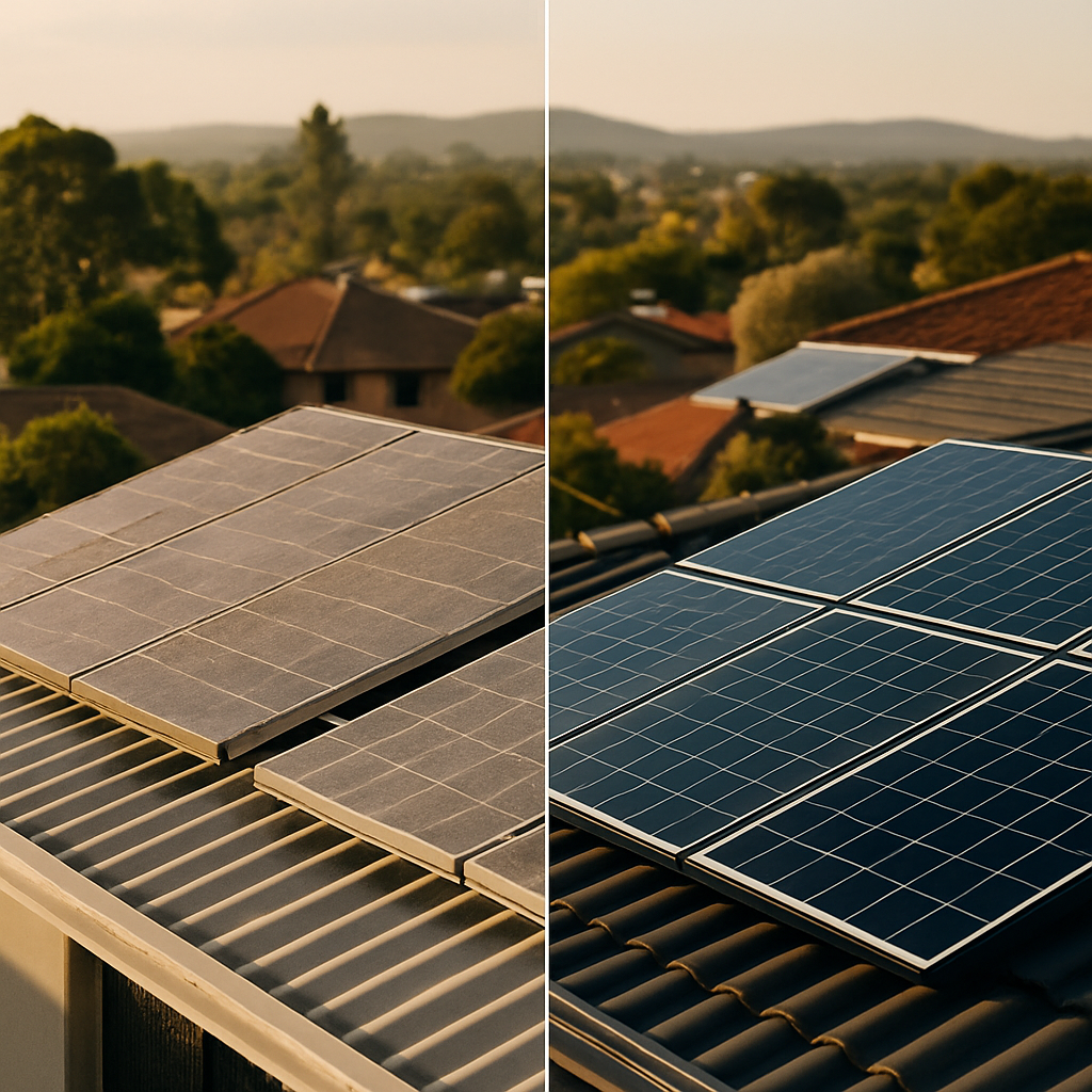Solar Inverter Replacement Cost Brisbane - A split image: On one side, an older, slightly dusty solar panel system. On the other side, a brand new, clean, and modern solar panel system. The image visually represents the comparison between old and new systems.