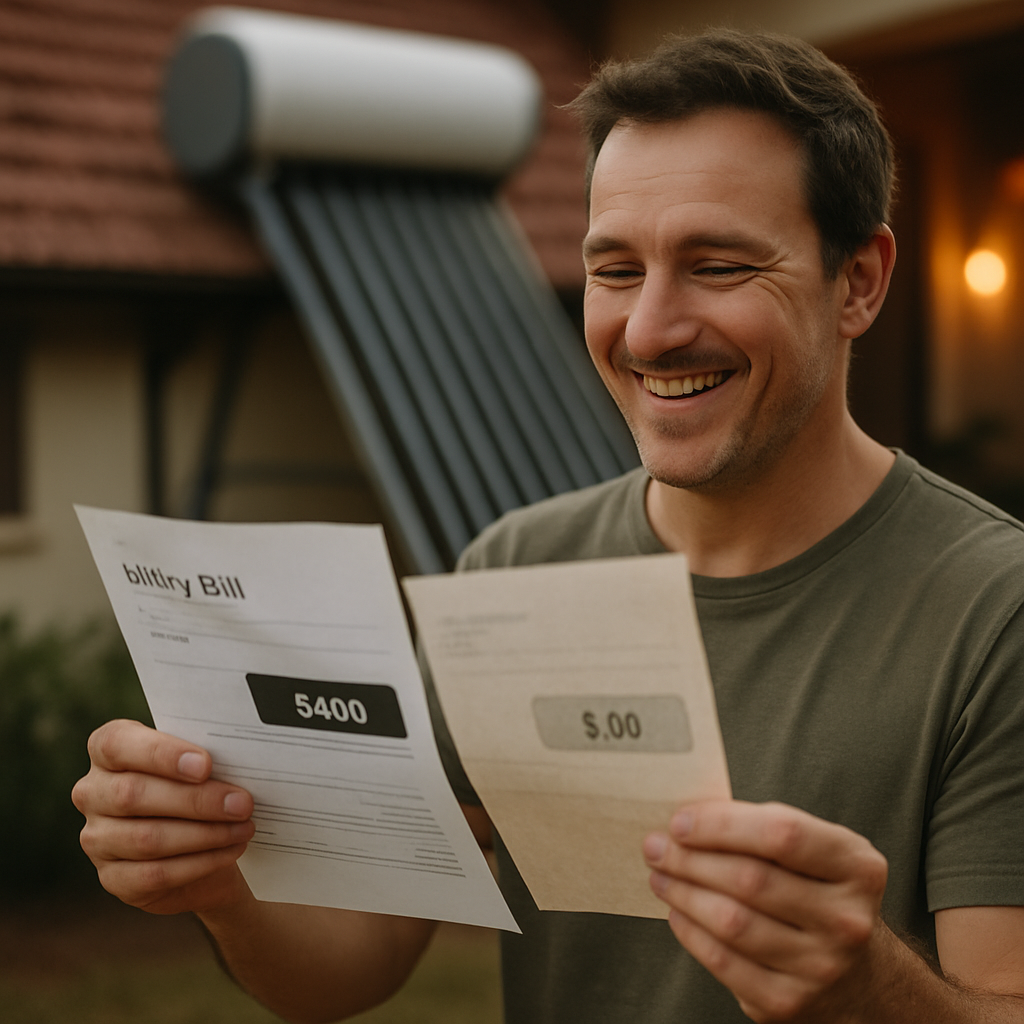 Solar Hot Water System Rebates Qld - A close-up shot of a homeowner's hands holding a utility bill with a happy expression, next to a slightly blurred new solar hot water system. The bill shows a noticeable reduction in the amount due compared to what is perceived as an older bill sitting beside it. There is no legible text on the bills; only a visual difference in the amount.