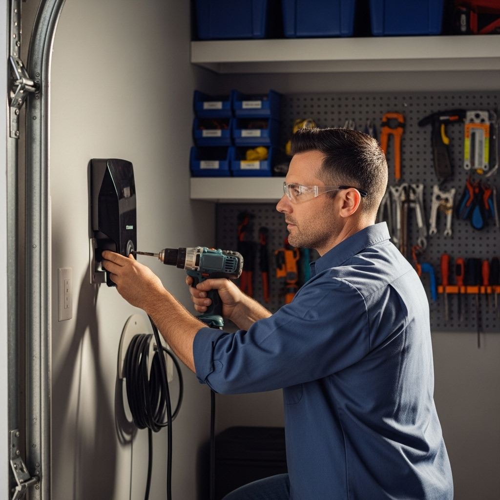 Solar Panel And Ev Charger Installation Cost Qld - A licensed electrician, wearing safety glasses and professional attire, is carefully installing an EV charger on the wall of a garage. The garage is well-organized and tidy. The electrician is focused on their work, creating a feeling of trust and expertise.
