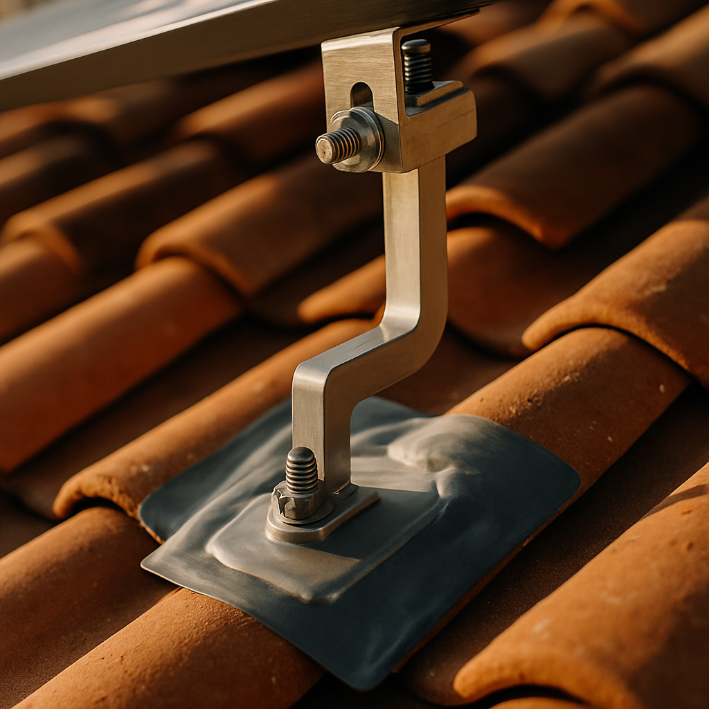 Solar Panel Installation On A Tile Roof Cost - A detailed shot showcasing a solar panel mounting bracket installed on a tile roof. The flashing is clearly visible, creating a watertight seal around the bracket. The shot highlights the importance of proper weatherproofing in the installation process.