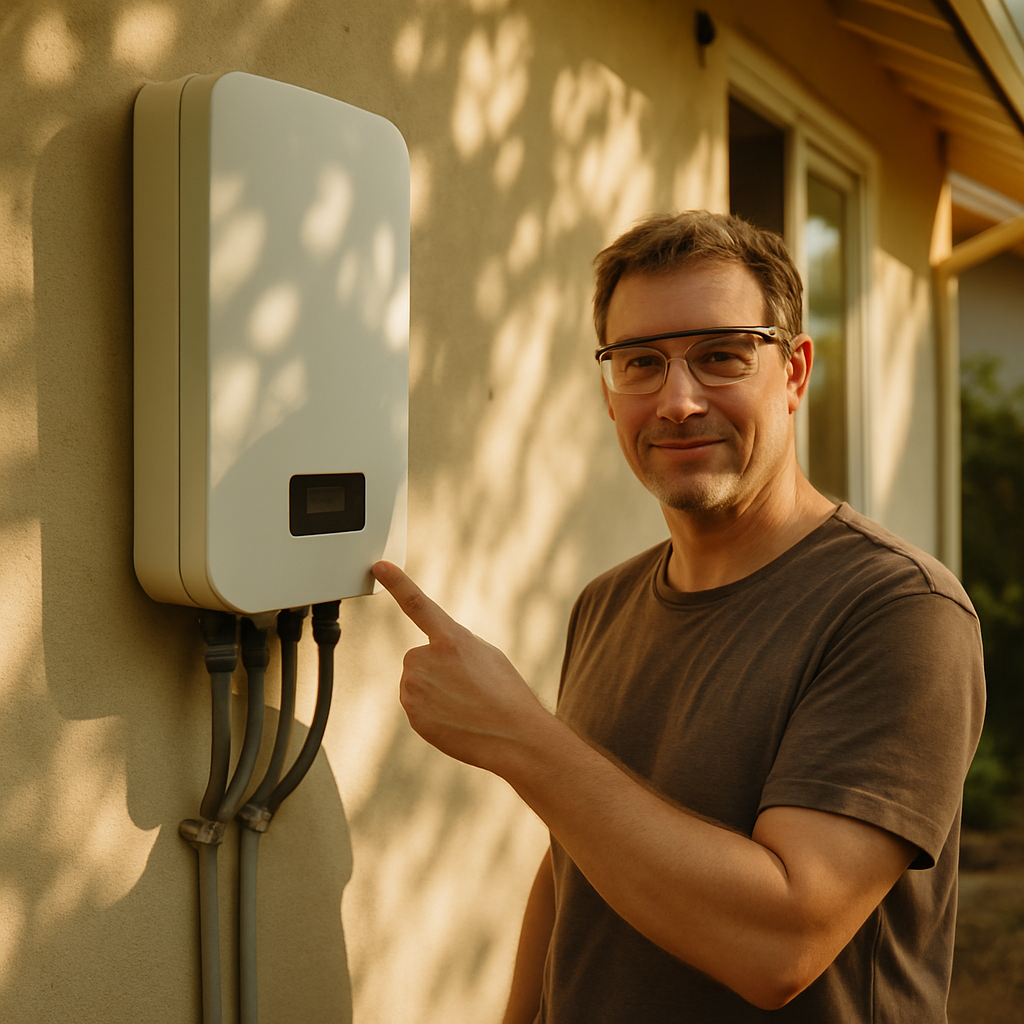 Sungrow Inverter Price Brisbane - A homeowner in their 40's, wearing safety glasses, pointing to a newly installed solar inverter mounted on the side of their house. Sunlight is dappled on the wall. They appear proud of their investment.