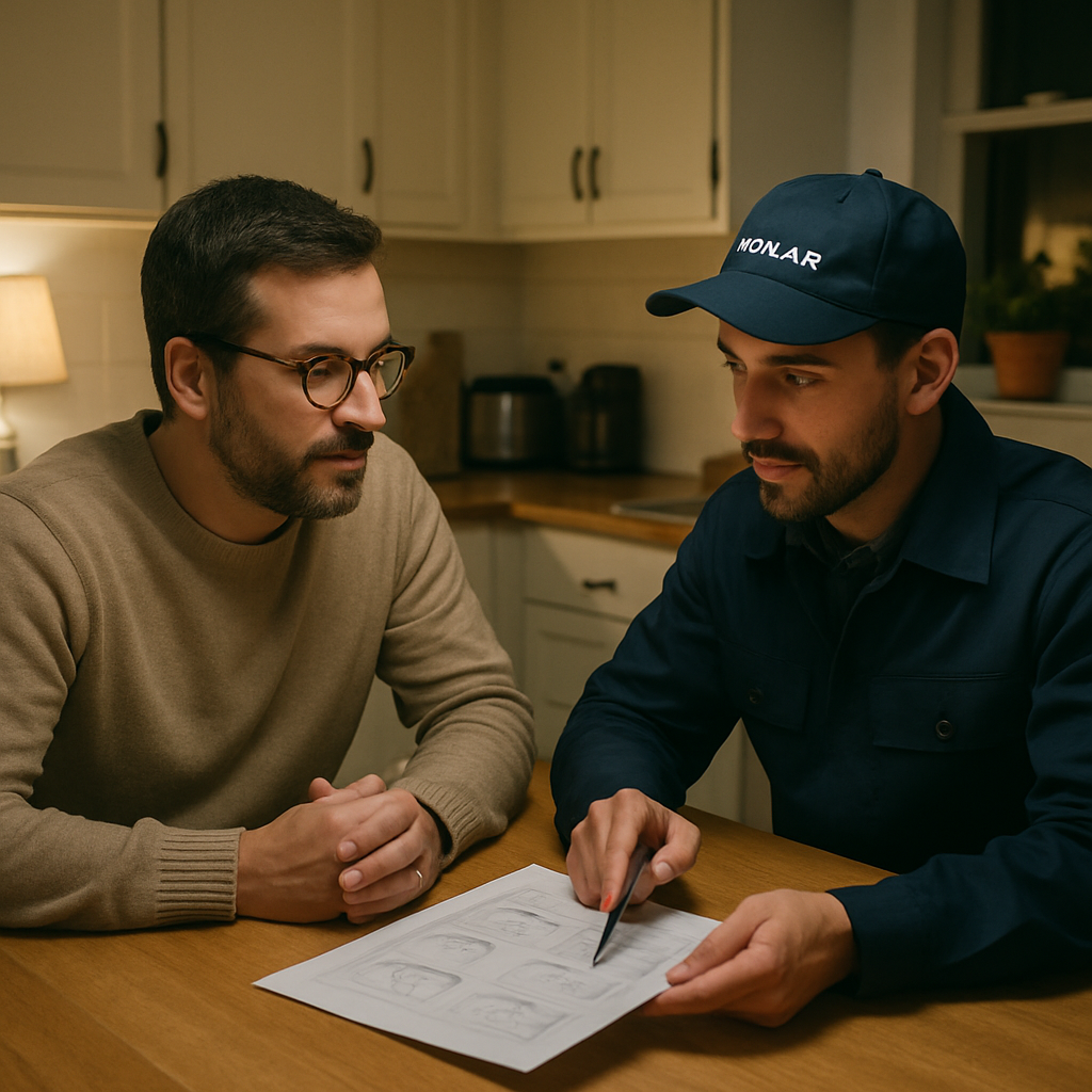 Fronius Inverter Installers Near Me - A homeowner sitting at their kitchen table, reviewing documents with a solar installer. The installer is pointing to a section on a document (illegible) while the homeowner looks on attentively. The scene conveys trust and professionalism. The documents should not contain any actual text or branding.