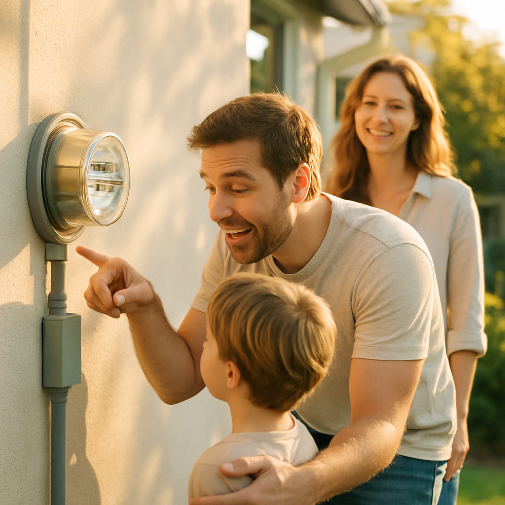 Fronius Inverter Installers Near Me - A family happily watching their home's electricity meter run backward on a sunny day. The father is pointing it out to his child, and the mother is smiling in the background. The scene represents the long-term benefits of a well-installed solar system.