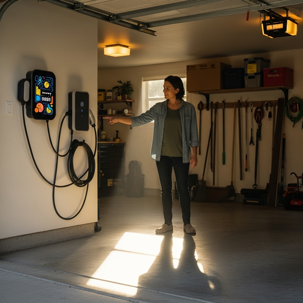 Solar For Powering An Electric Vehicle Qld - A homeowner standing in their garage, pointing to a modern, sleek EV charger mounted on the wall. Sunlight is streaming in from an open garage door. The EV charger has a stylized, unreadable display indicating it's drawing power from the sun. Cables are neatly organized.