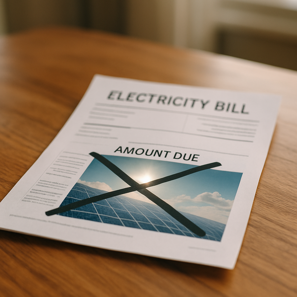 Solar For Powering An Electric Vehicle Qld - A visual metaphor showing a stylized electricity bill with the 'amount due' being crossed out and replaced with the image of a bright, sun-filled sky and solar panels. The bill looks like a real bill but has no legible company name, address, or specific numerical amounts.