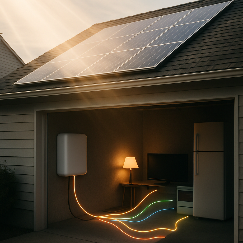 Solar Quotes Battery Comparison - A visual metaphor showing sunlight streaming down onto a house with solar panels. From the house, a cable extends to a stylized battery (generic shape, no brand) in the garage. Emanating from the battery are bright, colorful lines that represent energy flowing to power various household appliances (lights, TV, refrigerator) with an overall sense of clean, sustainable energy.