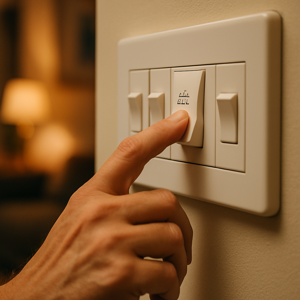 Emergency Solar System Repair Brisbane - A close-up of a hand reaching to switch off a generic electrical switch in a switchboard. The switch is labeled with a stylized, unreadable diagram meant to represent 'Solar'. The focus is on the action of safely shutting down the system.