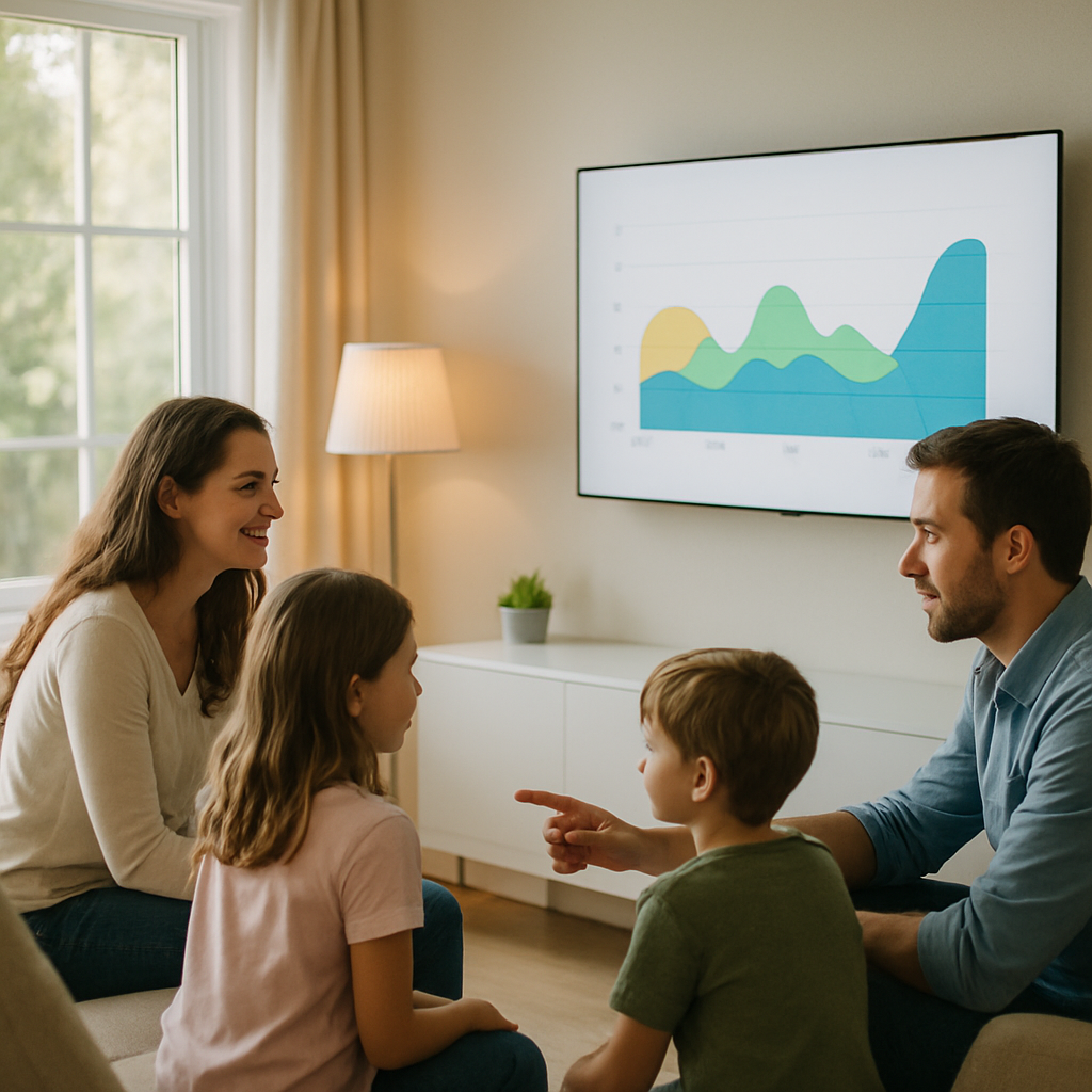 Lg Solar Battery Price Brisbane - A young family (parents and two children) gathered around a wall-mounted screen in their living room. The screen displays a simple, colorful graph showing energy usage. They are discussing their energy needs and considering different solar battery options. The atmosphere is collaborative and informed.