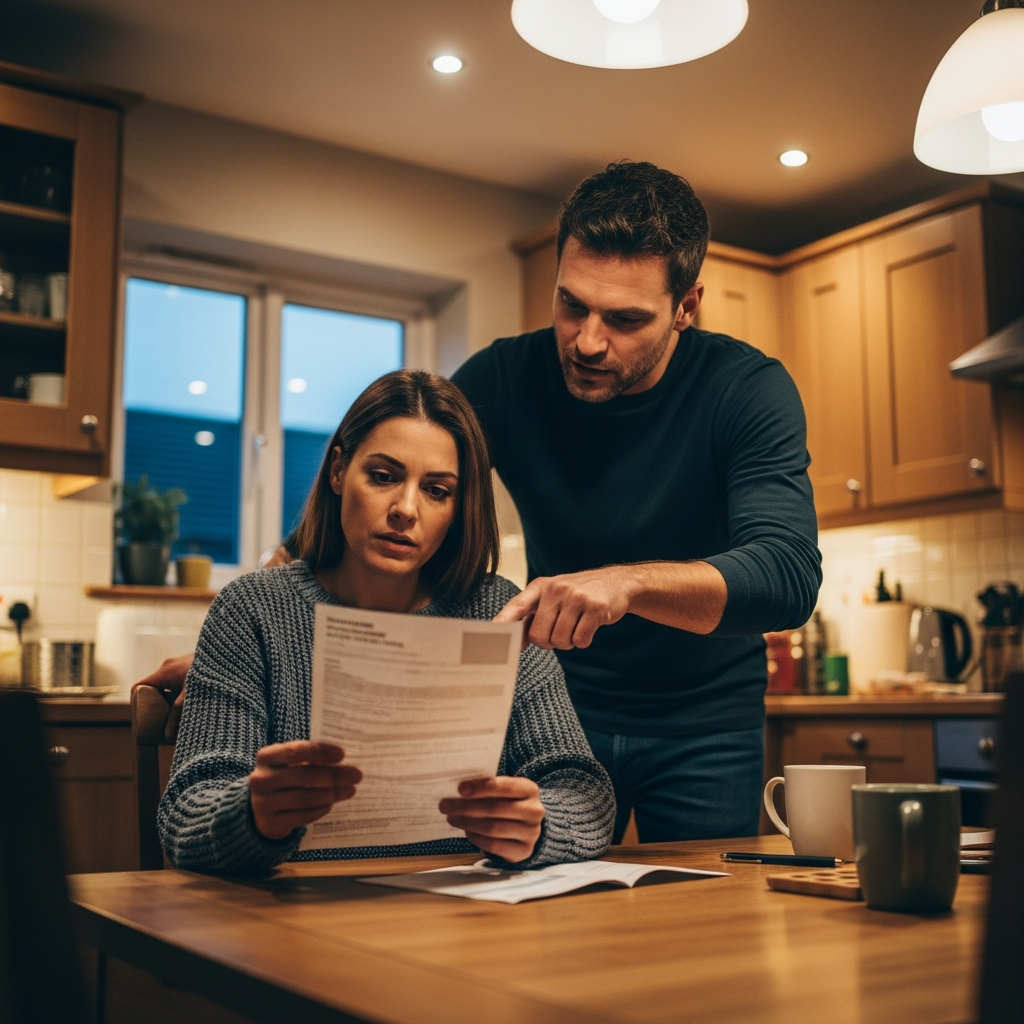 Blackout Proofing Brisbane Home Solar Batteries - A woman is sitting at her kitchen table, looking at her electricity bill with a concerned expression. Her husband is standing next to her, pointing at a section of the bill with a helpful gesture. The scene suggests a collaborative effort to understand their energy usage and make informed decisions about battery size.