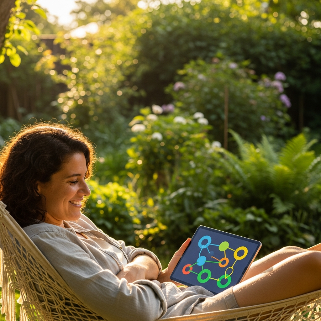 Best Solar Feed-In Tariff Qld - A person relaxing in a hammock in their backyard on a sunny afternoon, holding a tablet. The tablet screen shows a simplified, illegible graph representing energy flow. The person is smiling, relaxed, and clearly not stressed about managing their energy. The scene conveys ease and automation.