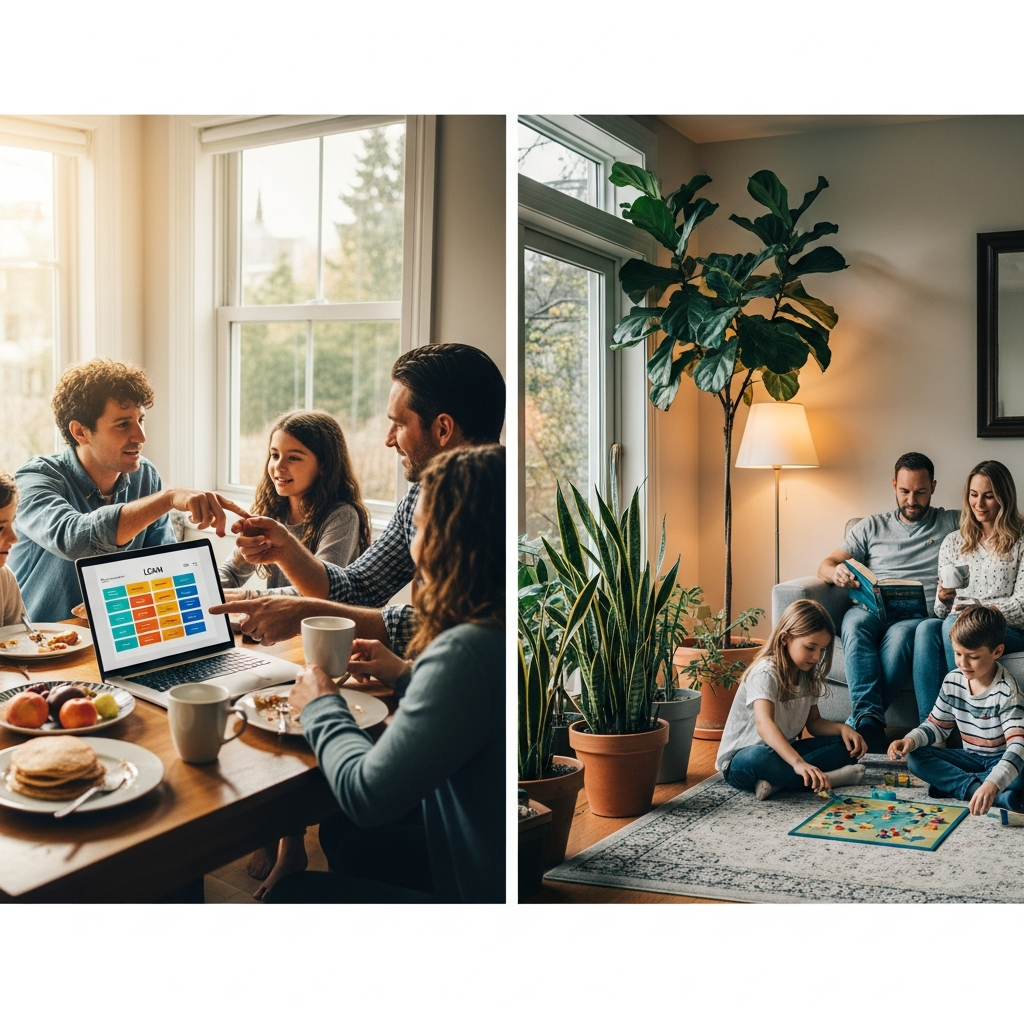 Solar And Battery System Green Loan Brisbane - A split-screen image. On one side, a family is gathered around a dining table, looking at a laptop displaying a simplified, color-coded comparison chart of loan options (no actual text visible). On the other side, the same family is relaxing comfortably in their living room, bathed in the warm glow of energy-efficient lighting, suggesting financial and environmental comfort.