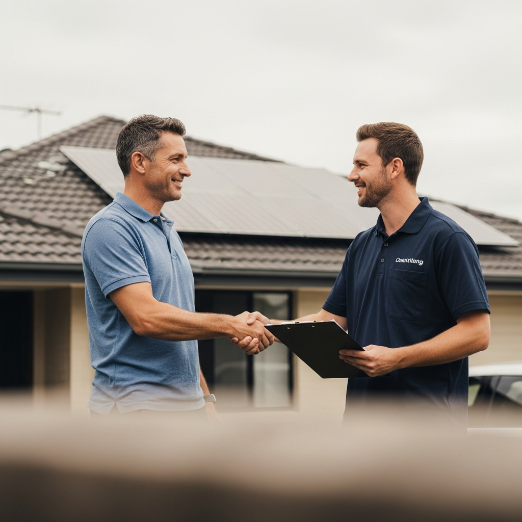 Solar And Battery System Green Loan Brisbane - A homeowner is shaking hands with a friendly solar panel installer in front of their house. The installer has a clipboard and the homeowner is smiling confidently. The house has a partial view of solar panels installed on the roof.