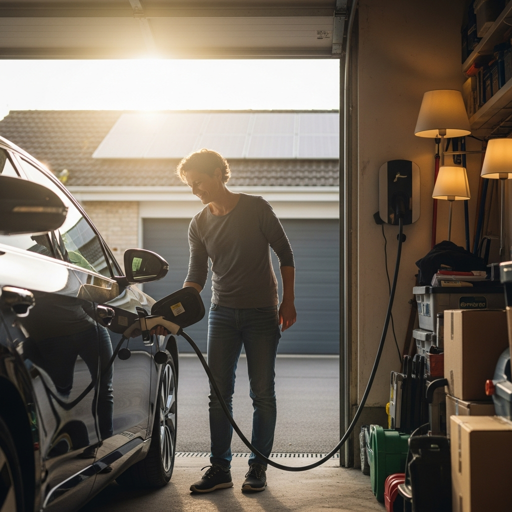 10Kw Solar System Too Big Brisbane - A homeowner happily plugs in their EV to charge during the daytime. Sunlight is streaming through the garage door, illuminating the car and emphasizing the use of solar power. Solar panels are subtly visible on the house roof in the background. The homeowner appears to be in their 40's and is casually dressed.