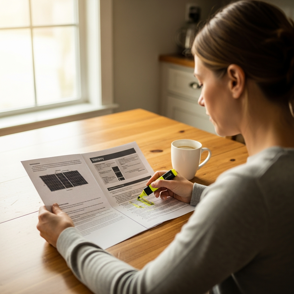 Red Flags Brisbane Solar Installer - A close-up shot of a woman sitting at her kitchen table, carefully reviewing a document with diagrams of solar panels and warranty information. She is using a highlighter, emphasizing key clauses, and looks focused and determined to understand the details. A cup of coffee sits nearby.