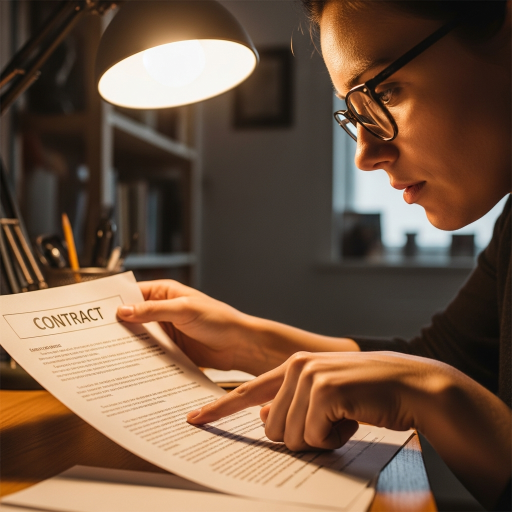 Red Flags Brisbane Solar Installer - A person wearing glasses is closely examining a contract under a bright lamp. Their finger is pointing to a specific clause in the document. The focus is on the intensity of their scrutiny and the importance of careful reading.