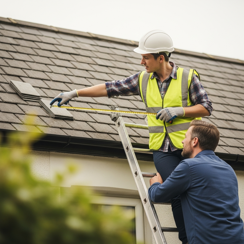 Solar For Terrace Houses Sydney - A tradesperson in appropriate safety gear is on the roof of a terrace house, carefully inspecting the slate tiles. They are pointing something out to a homeowner who is standing safely on a ladder below, looking concerned but engaged.