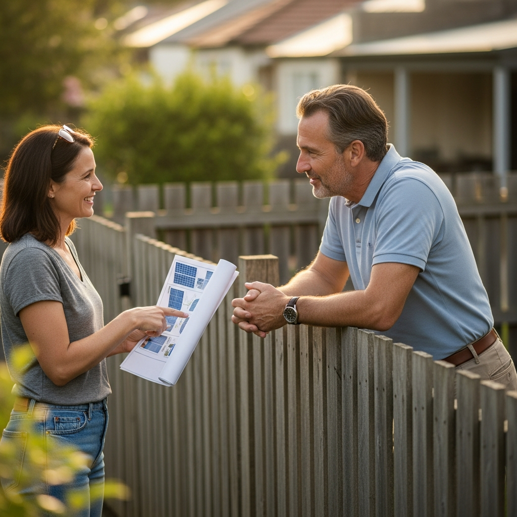 Solar For Terrace Houses Sydney - Two friendly neighbours are chatting over a fence that separates their terrace house gardens. One neighbour is holding a document (diagram of panels) and pointing to it, while the other listens attentively. The atmosphere is positive and collaborative.