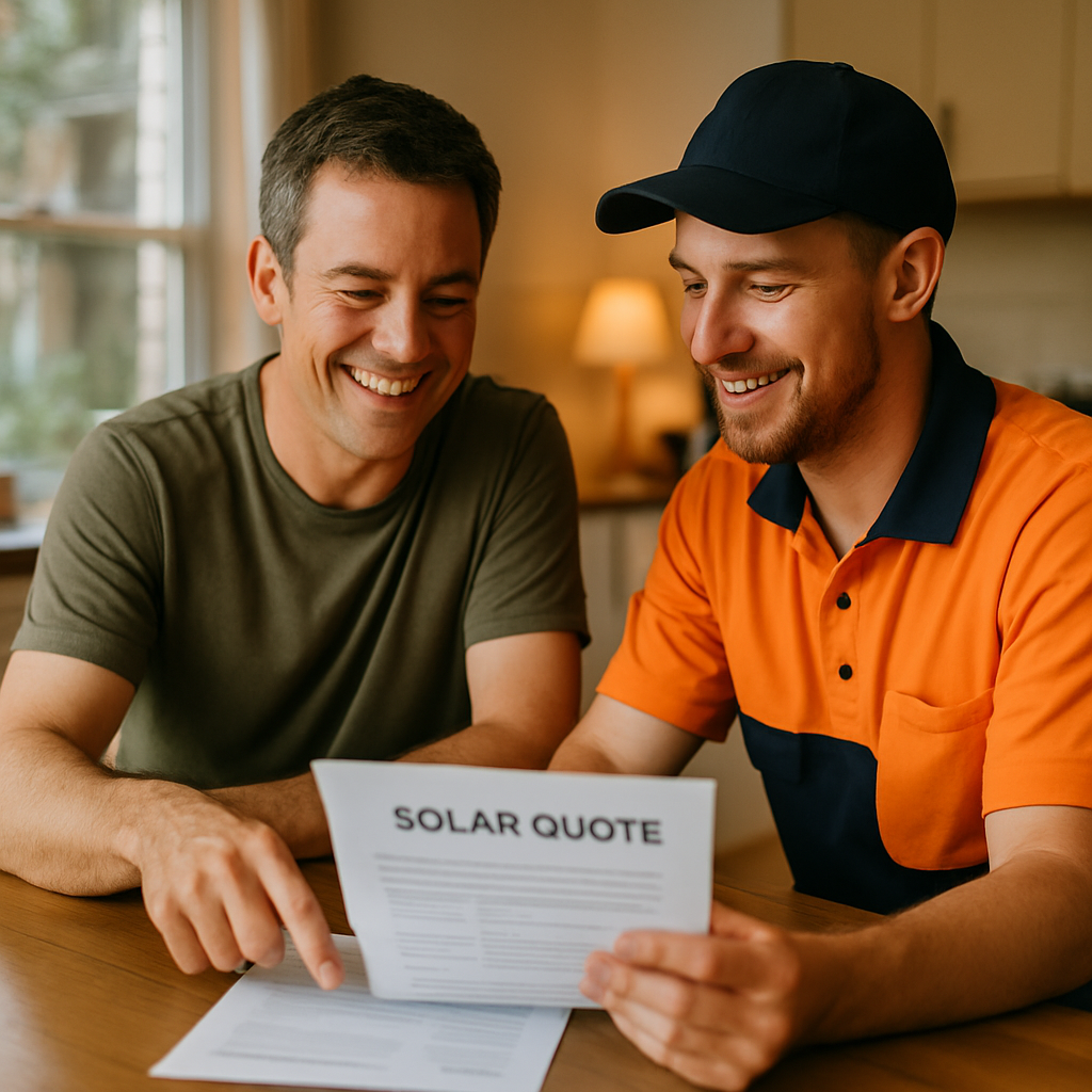 Solar Inverter - A homeowner in Brisbane is sitting at their kitchen table, reviewing a solar quote with a friendly installer. They are both smiling and engaged, with the quote clearly visible (but the details are illegible). The atmosphere is one of trust and transparency.