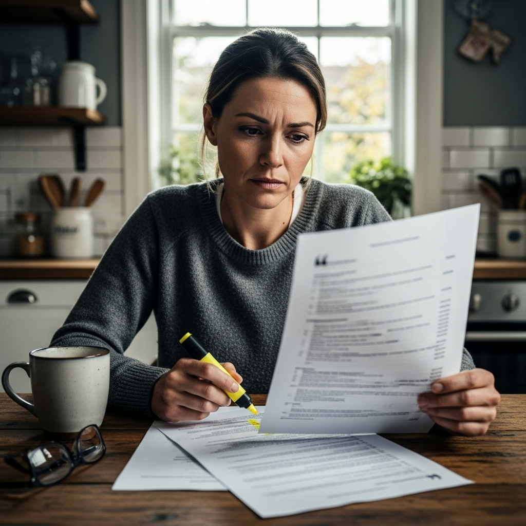 Solar Panel Installation Quote Brisbane - A homeowner sitting at their kitchen table, looking concerned while reviewing a document with lots of line items. The document is a mock-up of a quote/contract - any text should be blurred or illegible. The homeowner is using a highlighter on the document, indicating they are carefully scrutinizing it.