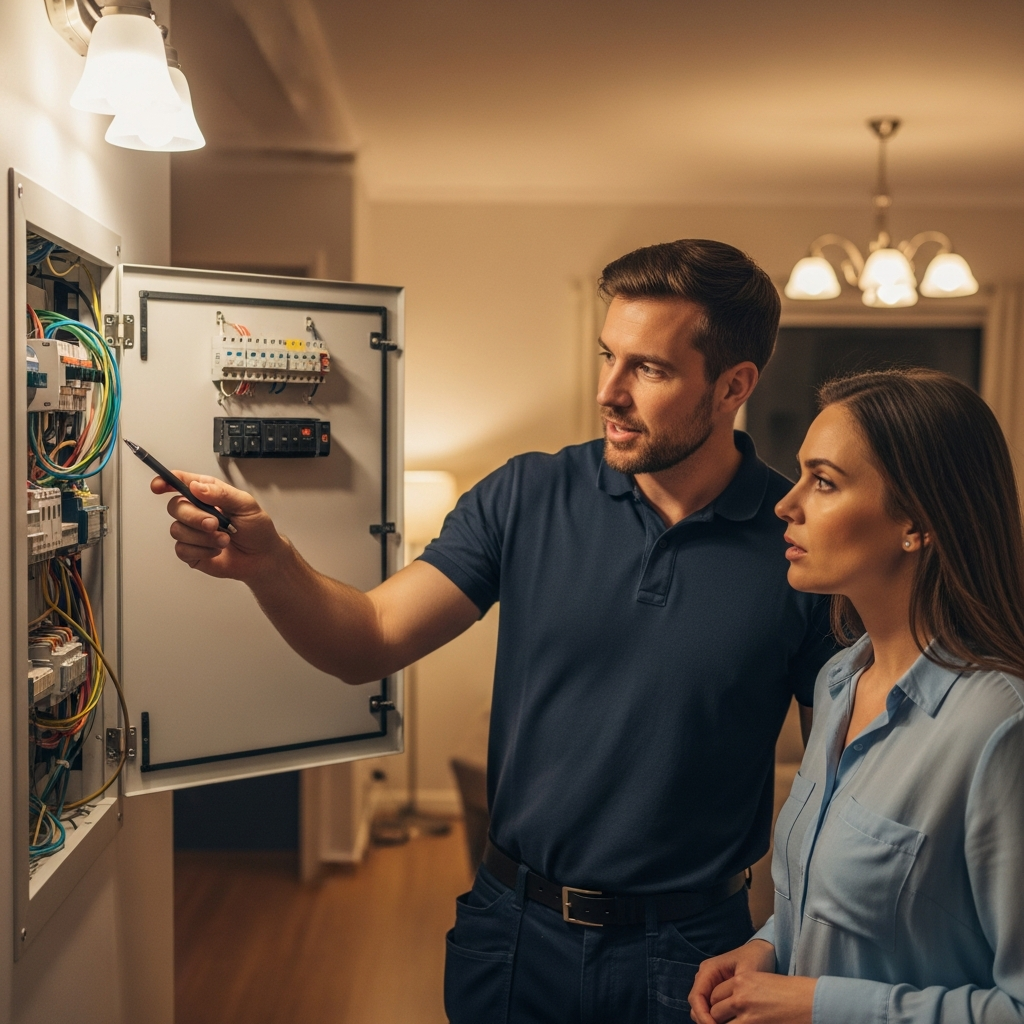 Cost Of Solar Battery Australia - A friendly electrician is pointing at an open switchboard in a home, explaining something to the homeowner who is looking on intently. The switchboard is clean and modern, but some older wiring is visible, suggesting the upgrade is in progress. The scene is well-lit and conveys professionalism.