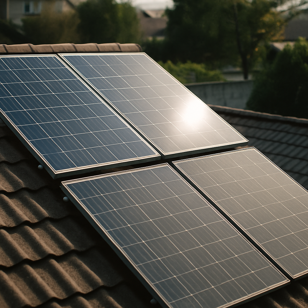 Add More Solar Panels To Existing System Sydney - A close-up shot of two types of solar panels on a rooftop. One set appears newer and shinier, while the other set has a slightly faded or worn appearance, visually representing the idea of mixing old and new technologies. The image implies a potential problem without showing any specific damage.