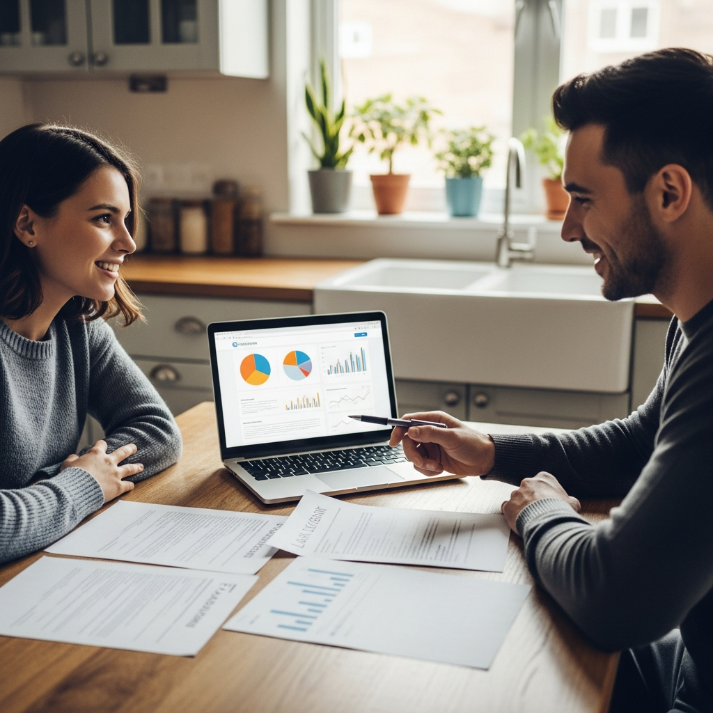 Solar System Financing Sydney - A young couple is sitting at their kitchen table, reviewing documents related to a loan application. They are smiling and relaxed, with a laptop open in front of them displaying a generic but professional-looking online banking interface (no actual bank branding). The atmosphere is optimistic and hopeful.