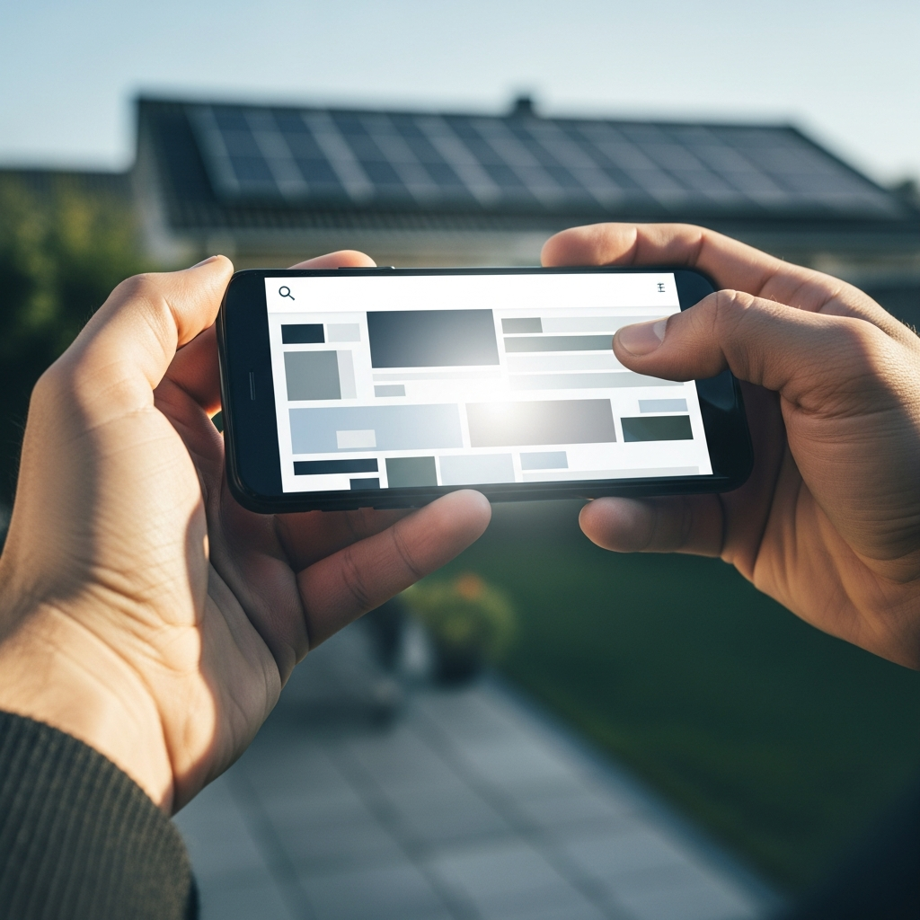 Tesla Powerwall Installer Brisbane - A close-up shot of a person's hands holding a smartphone. The screen displays a stylized and illegible version of a search results page, implying the user is checking the credentials of an installer online. The background is a blurred image of a sunny backyard with solar panels.