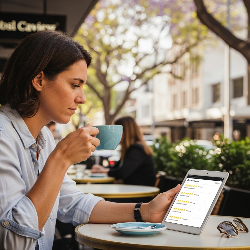 Tesla Powerwall Installer Brisbane - A person sitting at an outdoor cafe table in Brisbane, Australia, casually looking at a tablet. The tablet displays a generic customer review website, with star ratings and short, illegible text snippets. The person is sipping a coffee and appears thoughtful.