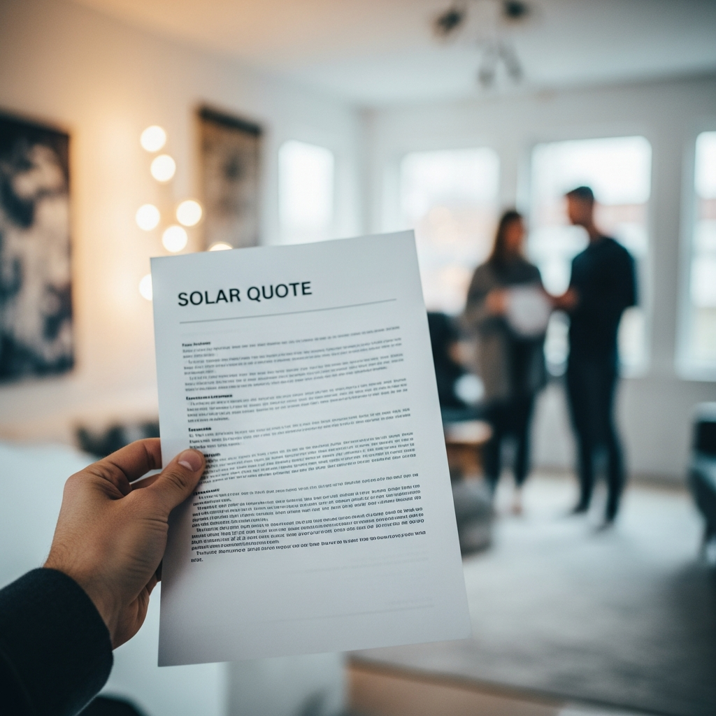 Solar Quote Brisbane - A close-up shot of a hand holding a printed solar quote. The quote is slightly blurred and the text is illegible. The background is a bright, modern home office setting with blurred figures of a couple discussing options in the background. The focus is on the feeling of information overload, but with the promise of understanding.