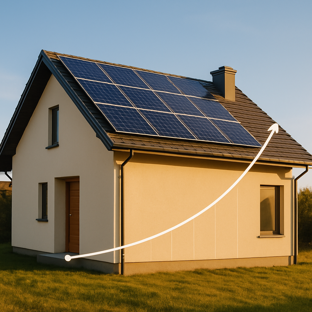 Solar Quote Brisbane - A visually appealing and simplified illustration representing the concept of solar payback. The scene depicts a stylized, modern home with solar panels on the roof. A line graph is overlaid on the house, showing the increasing savings over time. The graph rises from left to right, visually demonstrating the growing financial benefits of solar power.