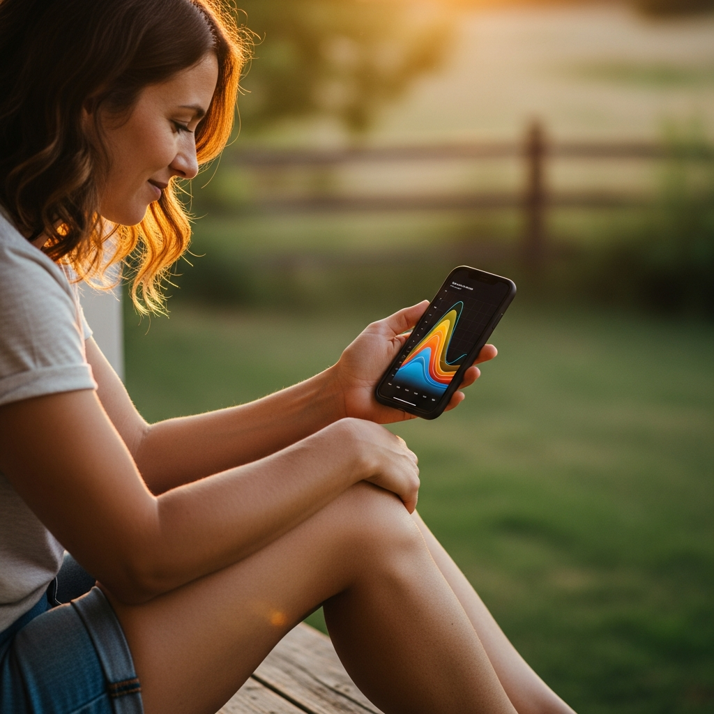 Microinverters For Solar Panels - A woman sitting comfortably on her back porch, looking at her smartphone. The phone displays a brightly colored, but illegible, graph showing the output of individual solar panels over time. The focus is on her relaxed posture and the ease of accessing this information.