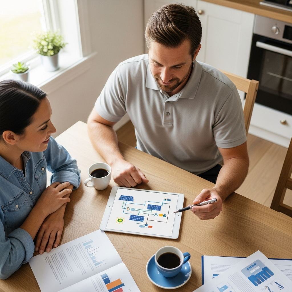 10Kw Solar System Price - An overhead shot looking down at a kitchen table. A friendly-looking installer is sitting across from a homeowner, both looking at a tablet displaying a simplified diagram of a solar panel system (no specific branding). The installer is gesturing with a pen, as if explaining the components. Coffee cups and paperwork are scattered on the table, creating a relaxed and informative atmosphere.