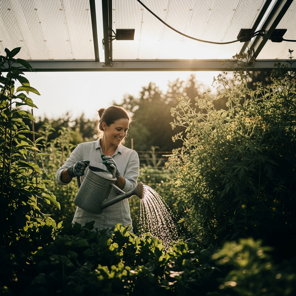10Kw Solar System Price - A woman is happily watering her garden with lush green plants and using a watering can. Above her a translucent solar panel is partially visible with bright sunlight streaming through it to the garden. The intention is to give a sense of sunlight being converted to growth and abundance.