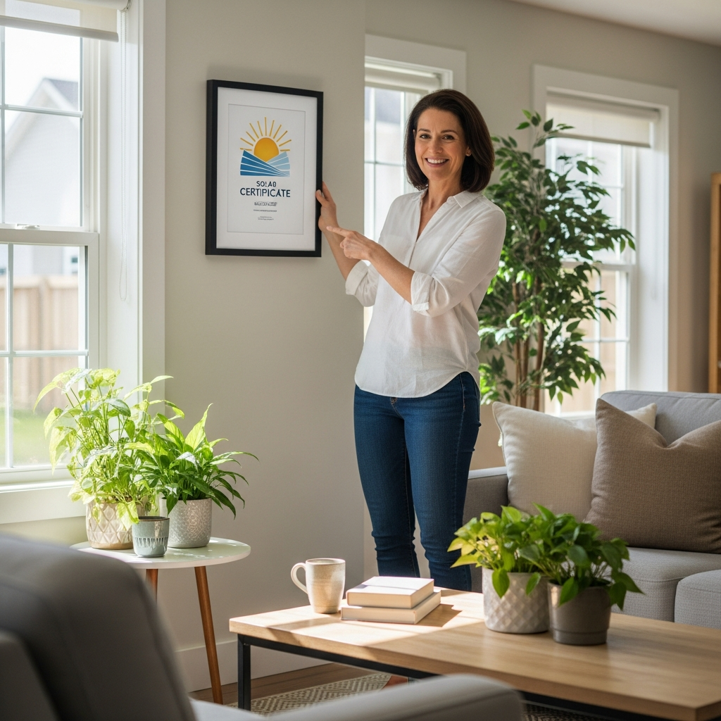 Best Fronius Inverter Installers On Brisbane'S Northside - A homeowner, mid-40's, is proudly displaying a framed certificate or award related to solar energy on their living room wall. The certificate is stylized and illegible. The homeowner is smiling genuinely and the room is bright and comfortably furnished.