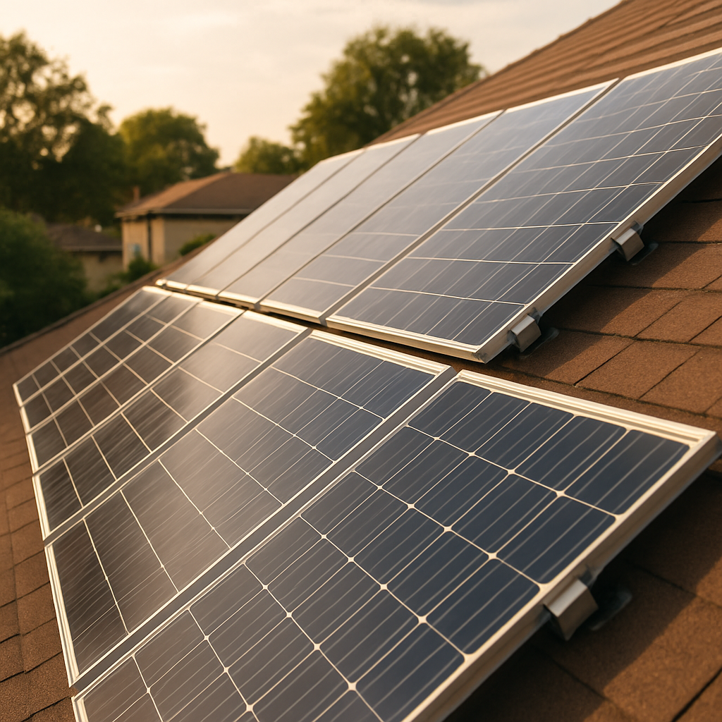 Solar Inverters For Shaded Roofs Sydney - A close-up shot of a neatly installed row of solar panels on a residential roof. Focus is on the clean, professional installation. Small device attached to the back of each panel but not identifiable as a specific brand or model. The panels are angled to catch the sun, conveying efficiency and modern technology.