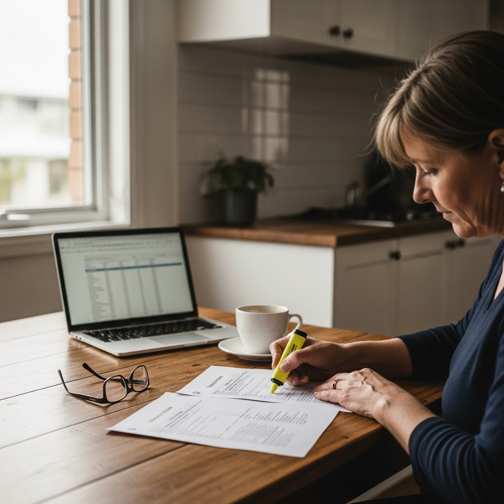 How The 2026 Stc Rebate Change Will Affect Brisbane Solar Prices - A homeowner sitting at their kitchen table in Brisbane, reviewing solar quotes. They are using a highlighter to mark key details on the papers. The scene is bright and organized, with a laptop open in the background. The focus is on informed decision-making, not the specific details of the quotes.