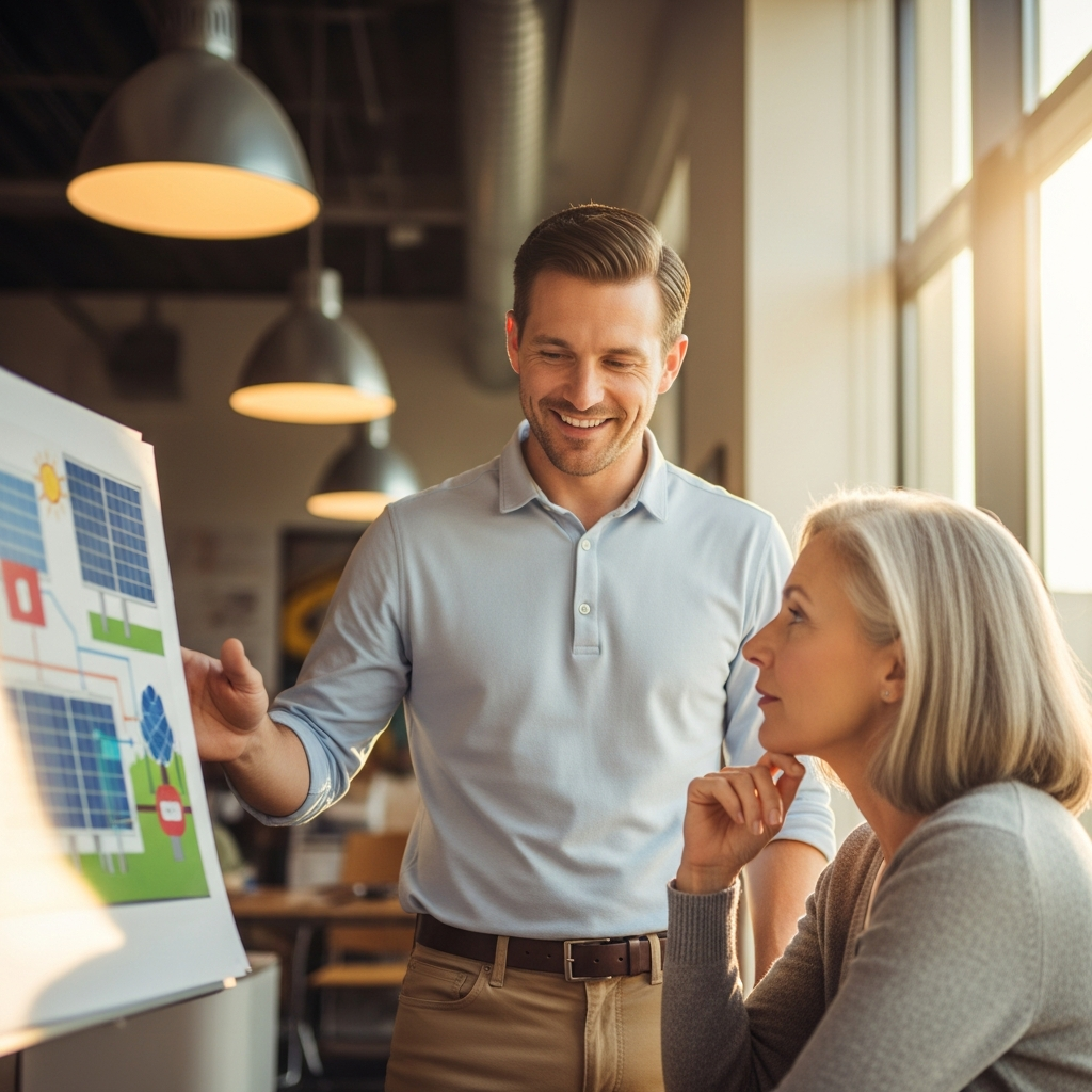 How The 2026 Stc Rebate Change Will Affect Brisbane Solar Prices - A friendly and professional solar installer, wearing clean work clothes, is pointing to a diagram or model of a solar panel system while explaining it to a homeowner. The homeowner is listening attentively. The scene is in a well-lit office or showroom environment. The focus is on clear communication and expertise.