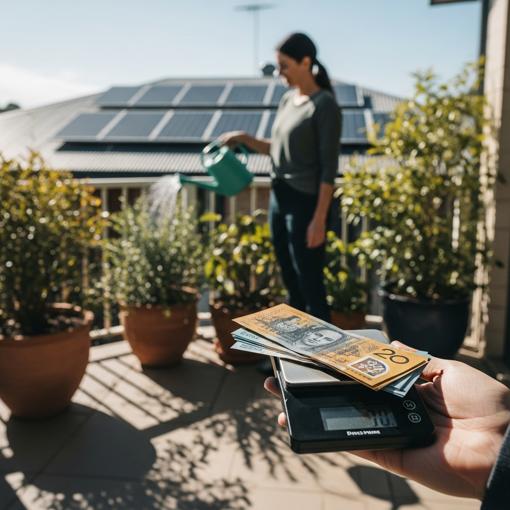 13.5Kwh Battery For Sydney Home - A woman is watering plants on her sunny patio. Solar panels are subtly visible on her roof in the background. In the foreground is a blurred close-up of a hand holding a small digital scale on which sits a stack of Australian currency. The image subtly conveys the idea of balancing environmental responsibility with financial considerations.
