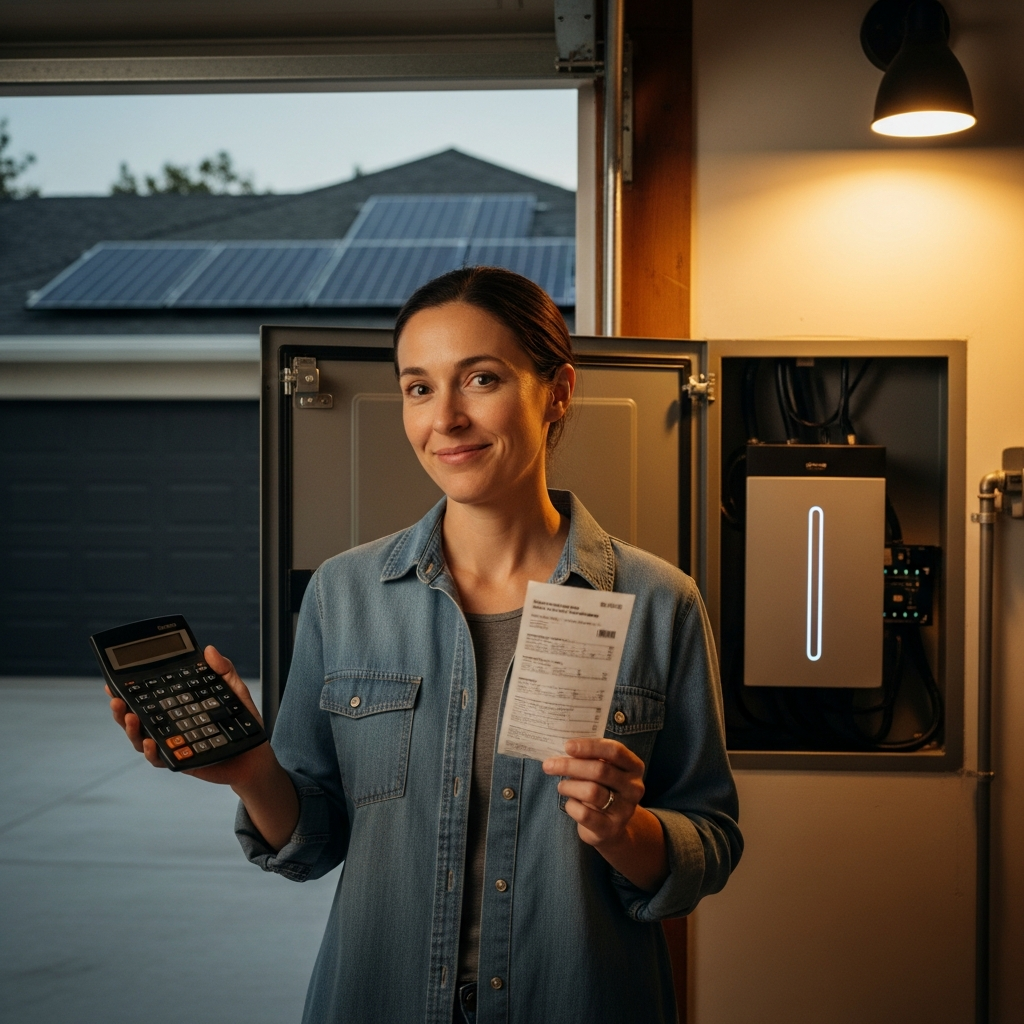 13.5Kwh Battery For Sydney Home - A person is smiling and holding a calculator in one hand and a utility bill in the other, standing in front of an open electricity box inside their garage. The box contains a modern-looking home battery, and solar panels are visible on the garage roof through the open door. The overall feeling is one of satisfaction and financial control.