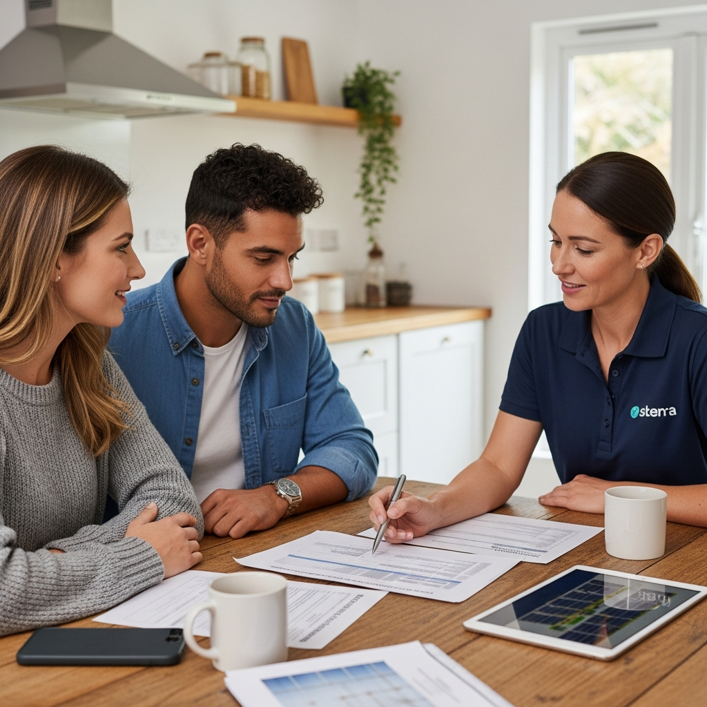 Enphase Battery Installers Brisbane - A couple is sitting at their kitchen table, reviewing documents with a solar installer. The installer is pointing to a section of the document while explaining it in a calm and patient manner. The atmosphere is relaxed and informative, with natural light coming through the window.