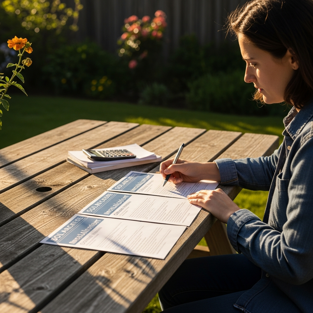Solar Installer Brisbane - A person is sitting at an outdoor table in a sunny backyard, reviewing three different solar quotes laid out on the table. They are holding a pen and looking thoughtfully at the documents, with a small stack of papers nearby. The scene is relaxed and focused.