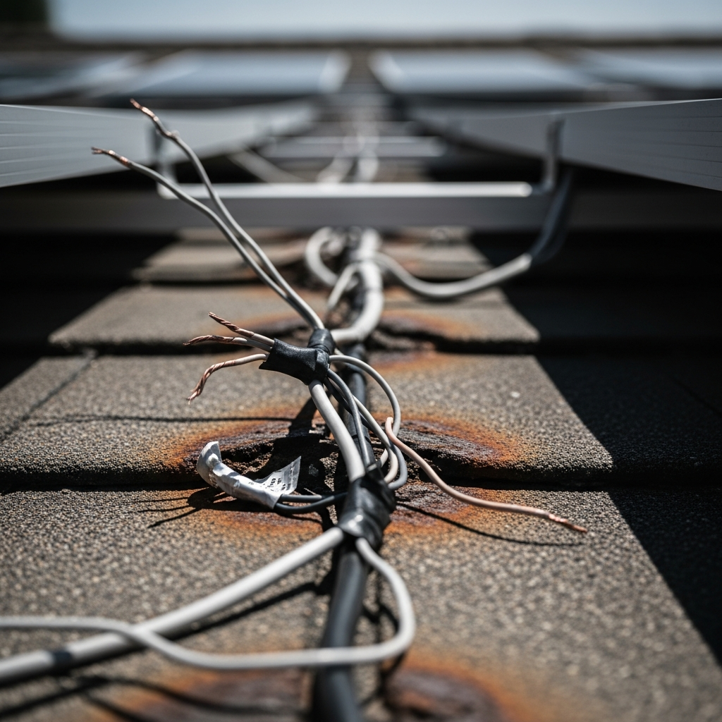 Solar Installer Brisbane - A close-up shot showing poorly installed solar panel wiring on a rooftop. The wiring is messy, and some connections appear loose or improperly sealed. The image serves as a warning sign to homeowners.