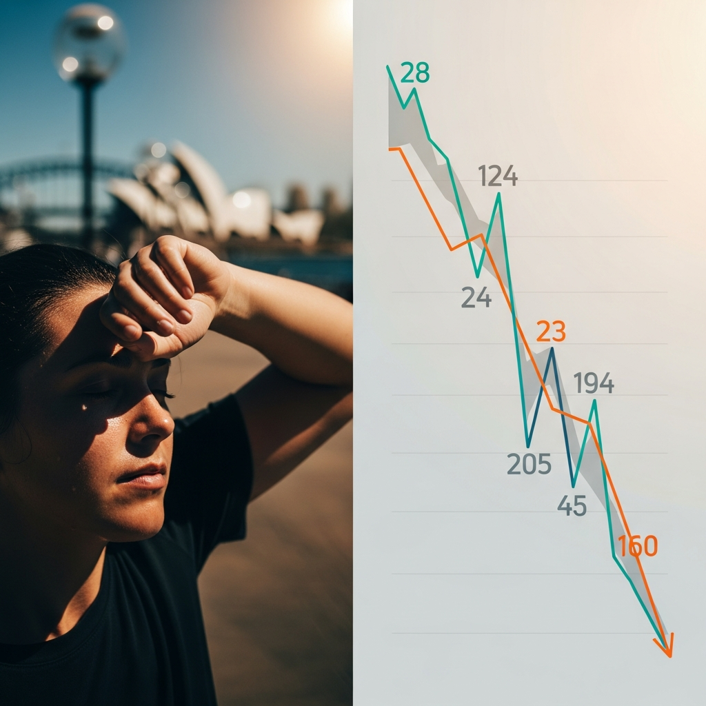 Best Solar Panels For Sydney Climate - A split-screen image. On one side, a person is wiping sweat from their brow on a very hot, sunny day in Sydney. On the other side, a stylized (illegible numbers) graph shows a sharp downward trend, visually representing decreased energy output. The graph is colorful and modern, not overly technical.
