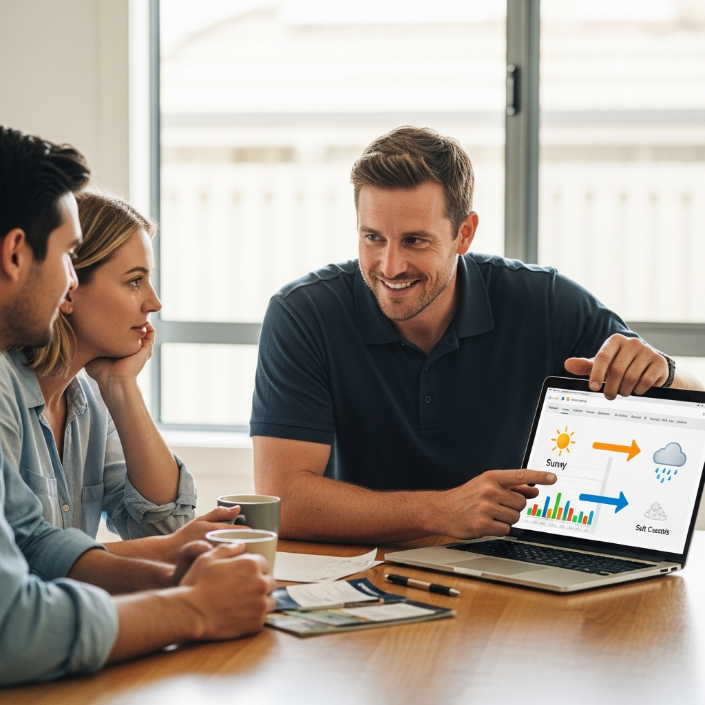 Best Solar Panels For Sydney Climate - A friendly, approachable Sydney solar panel installer is sitting at a kitchen table with a young couple. The installer is pointing to a bright, stylized (illegible text) graphic showing a breakdown of the different panel types and their relative performance in Sydney's climate, using icons (sun, rain, salt) instead of technical numbers. The vibe is educational and friendly, not salesy.