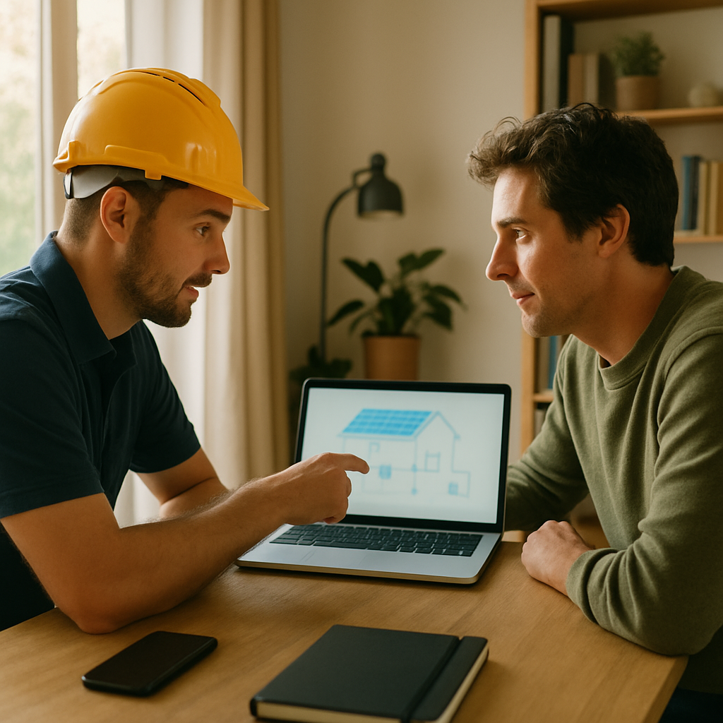 Ausgrid Solar Application - A solar installer is pointing to a laptop screen which is displaying a simplified diagram (illegible details) of a solar system connected to a house's electrical system. The homeowner is looking on attentively, and the installer is explaining the diagram clearly. They are both in a well-lit, modern-looking home office or living room.