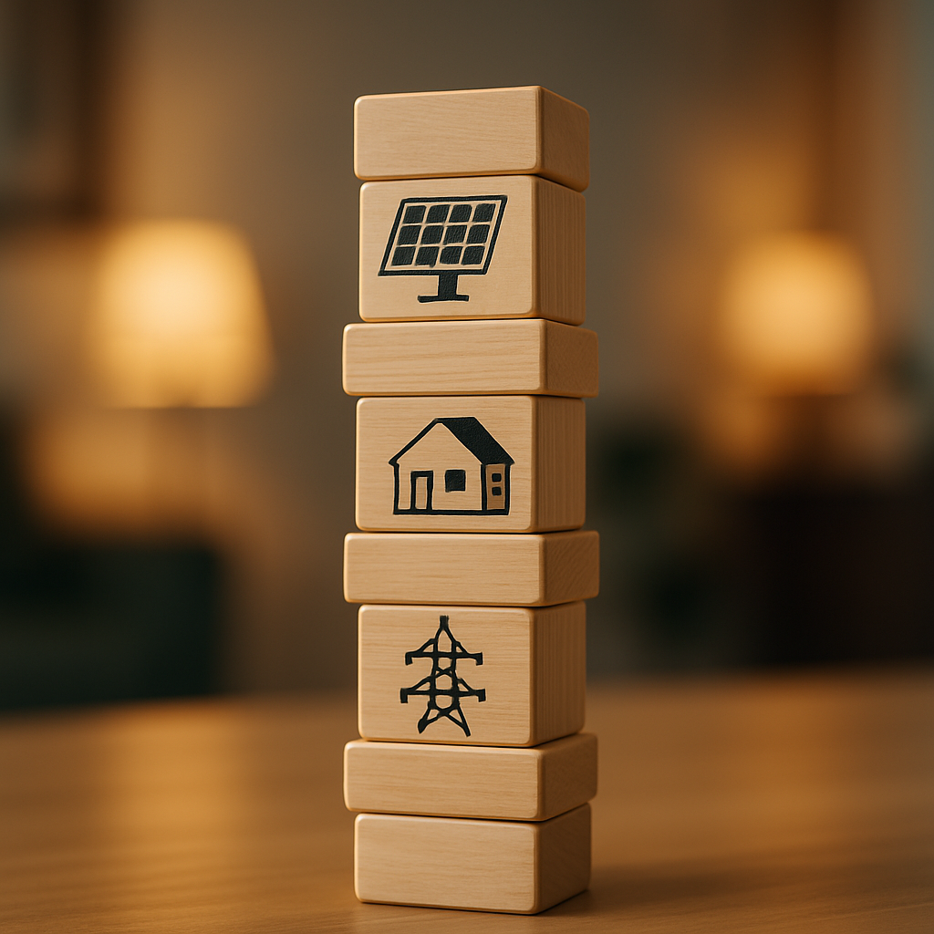 Ausgrid Solar Application - A visual metaphor representing the stability of the power grid. Imagine a set of neatly stacked building blocks forming a tower. One block is a miniature solar panel, another a miniature house, and so on. The tower is stable and well-lit. The scene conveys the idea of balance and order in the electricity grid.