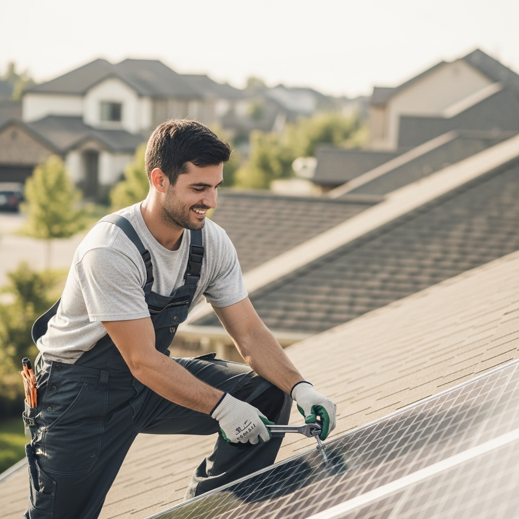 Solar Panel Installer Moreton Bay Region - A smiling solar panel installer is on a roof, carefully tightening a bolt on a solar panel. In the background, there are several other houses, suggesting a residential area. The scene is bright and shows the installer working diligently.