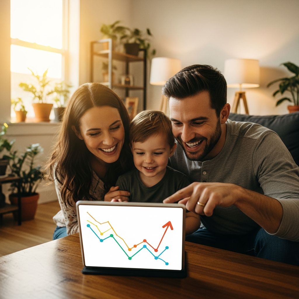 Solar Panel Installer Moreton Bay Region - A family (two parents and a child) is gathered around a tablet, looking at a colorful graph representing energy savings. The graph is stylized and illegible but clearly shows a downward trend in energy usage and an upward trend in savings. The family is smiling and pointing at the graph, indicating happiness with their solar investment.